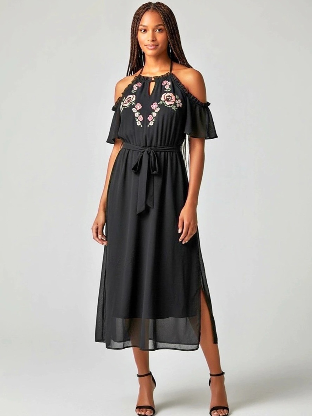 Hayden Los Angeles Style N2357 Floral Off Shoulder Maxi Dress Black Small NWT